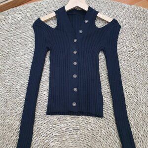 Navy Blue Ribbed Knit Cold Shoulder Cardigan Rhinestone Button Top